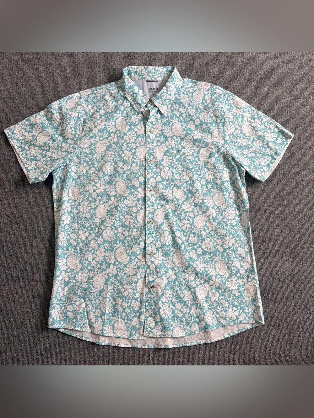 IZOD Saltwater Men’s XL Teal Pineapple Floral Hawaiian Shirt 100% Cotton